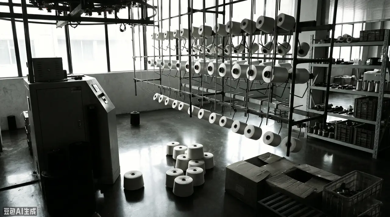 Black-and-white view of the warping creel